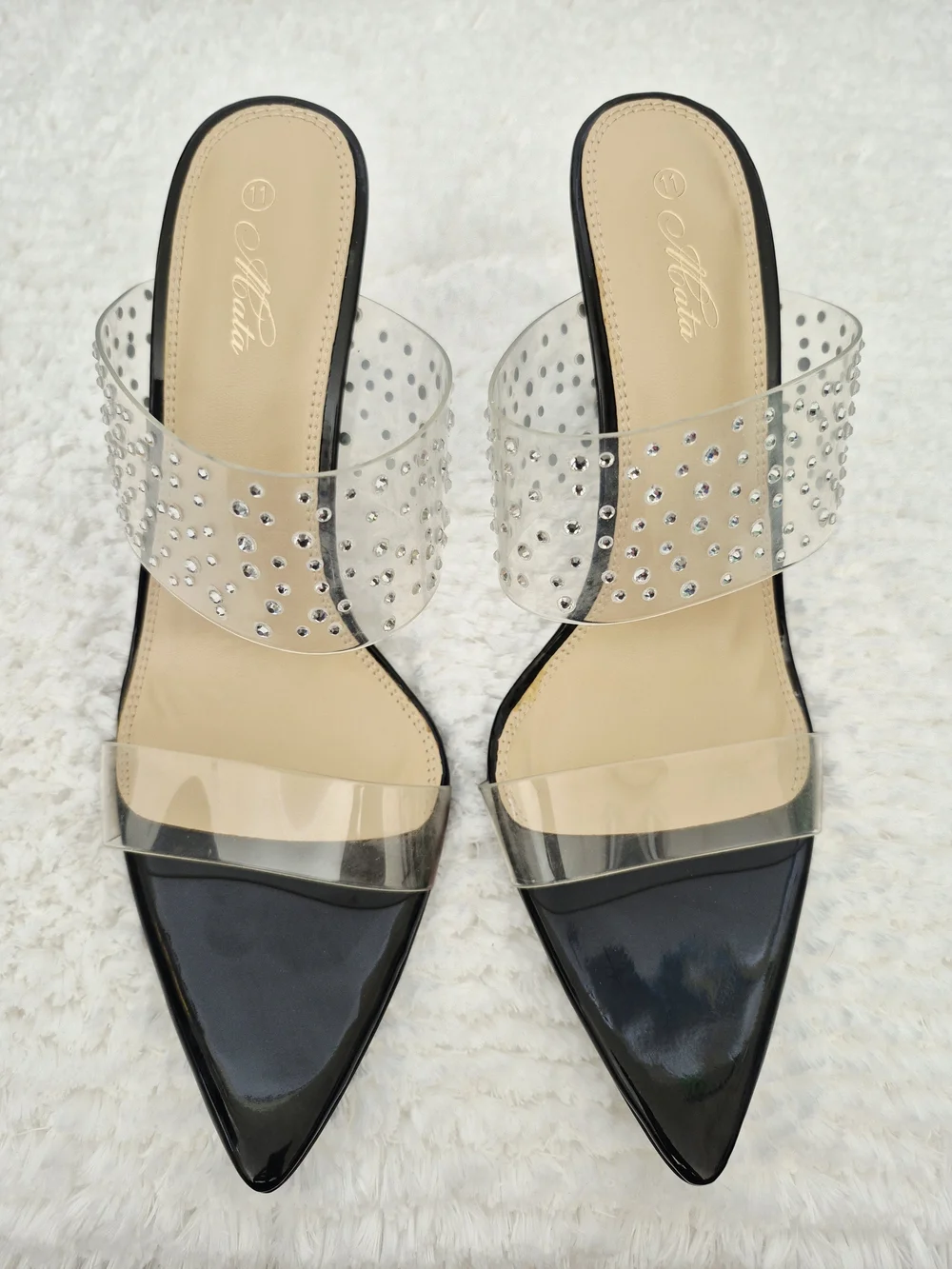 Clear Rhinestone Strap Black Pointed-Toe Heels